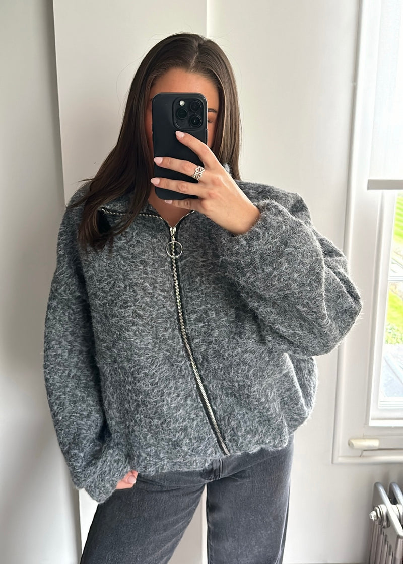 Zena Oversized Teddy Bomber Jacket - Grey