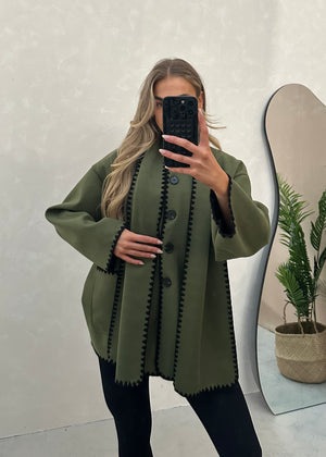 Tami Wool Look Jacket & Scarf Set - Khaki