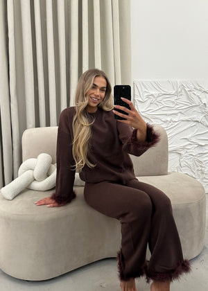 Lorna Premium Faux Fur Cuff Top & Trouser Set - Brown