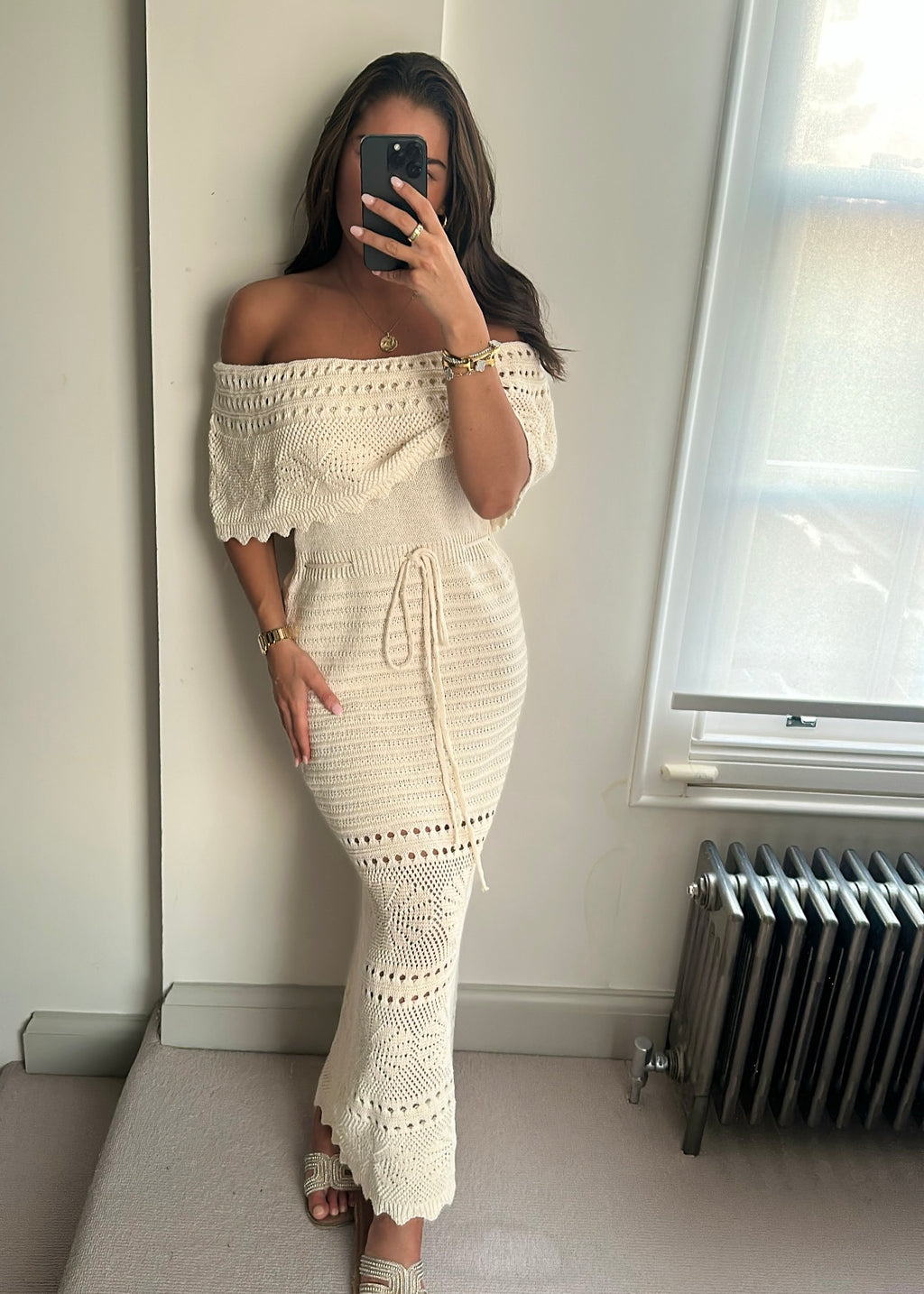 Fia Beige Crochet Maxi Dress