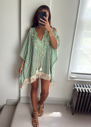 Alina Green Beaded Zigzag Crochet Kaftan
