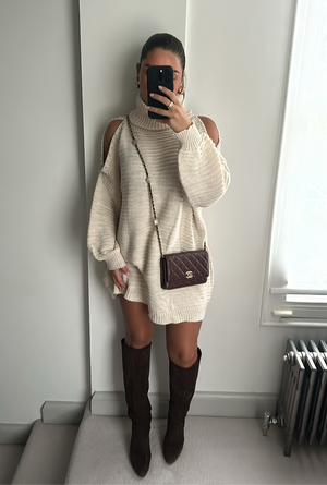 Millie Pearl Cold Shoulder Mini Jumper Dress - Beige
