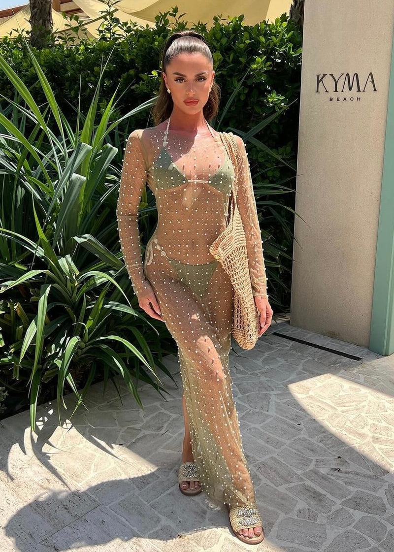 Kyma Pearl Diamanté Dress - Sage Green