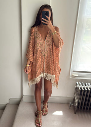 Alina Peach Beaded Zigzag Crochet Kaftan