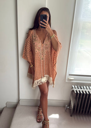 Alina Peach Beaded Zigzag Crochet Kaftan