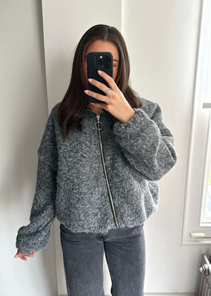 Zena Oversized Teddy Bomber Jacket - Grey