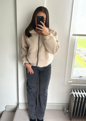 Zena Oversized Teddy Bomber Jacket - Beige