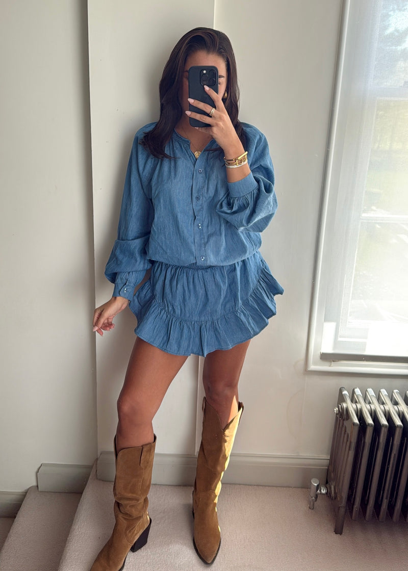 Leila Ruffle Co-Ord Set - Denim Blue