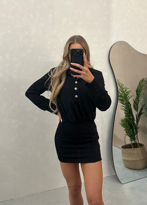 Alana Gold Button Mini Dress - Black