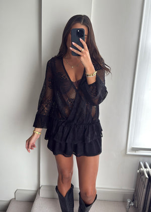 Amber Black Lace Ruffle Mini Dress