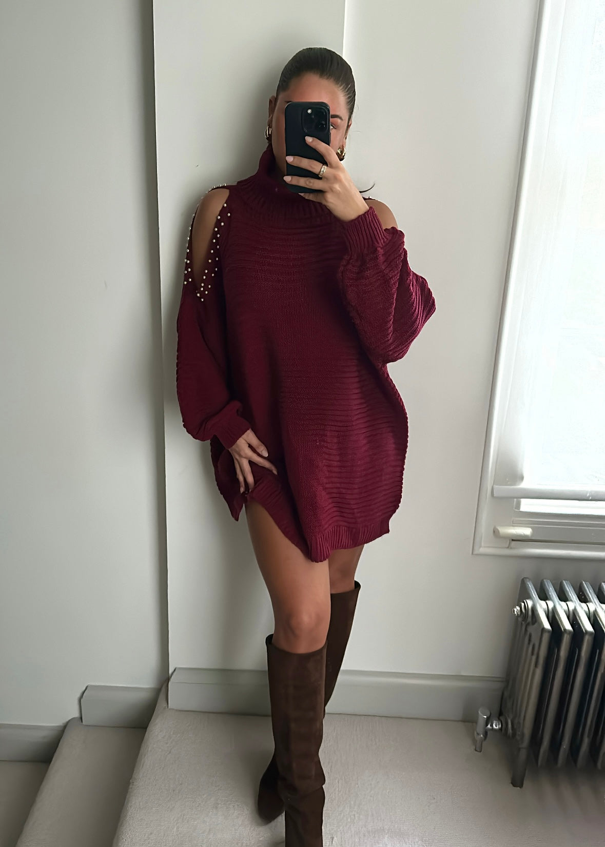 Millie Pearl Cold Shoulder Mini Jumper Dress - Burgundy Jewel Boutique Millie Pearl Cold Shoulder Mini Jumper Dress - Burgundy Jewel Boutique