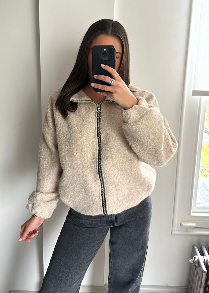 Zena Oversized Teddy Bomber Jacket - Beige