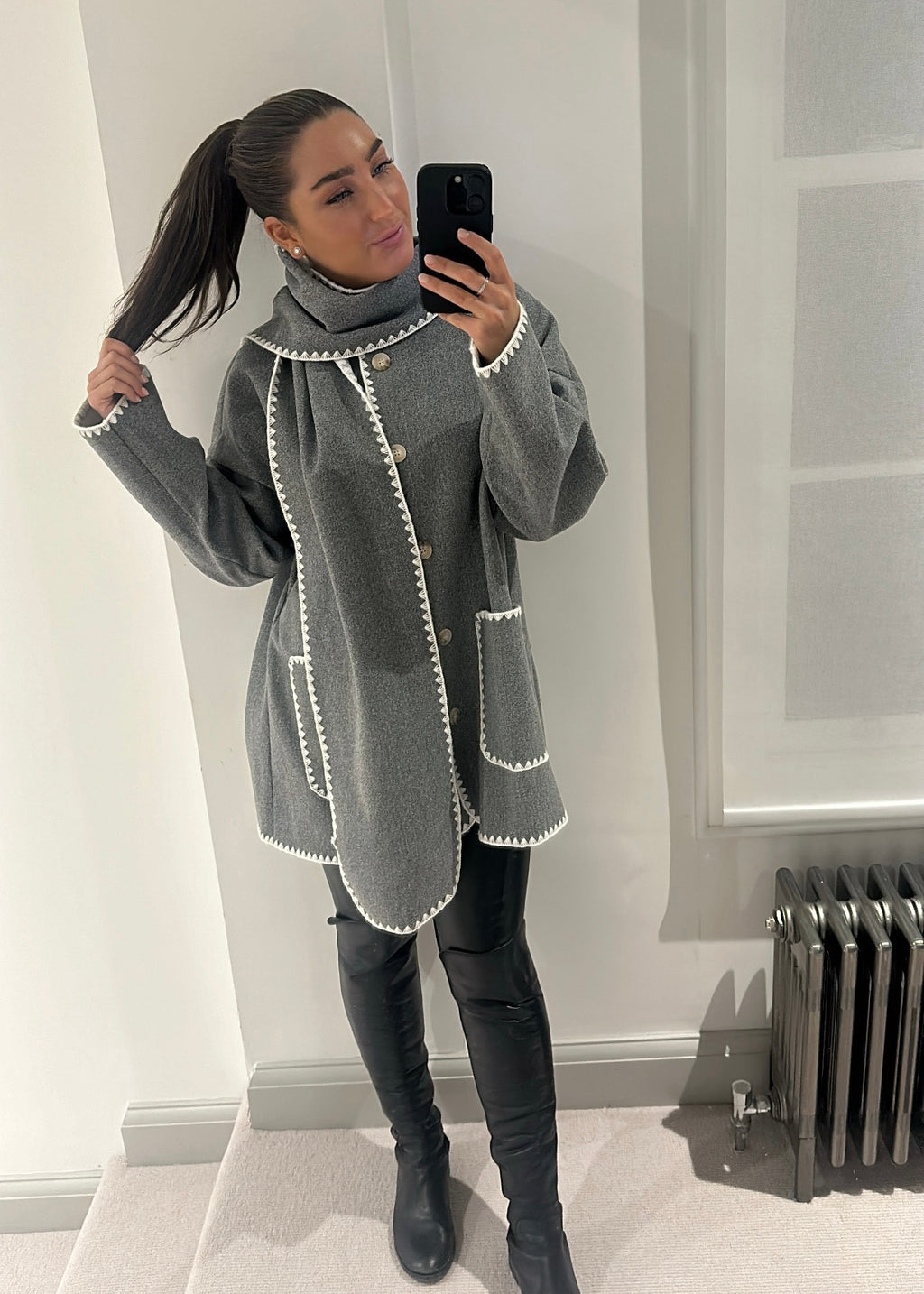 Tami Wool Look Jacket & Scarf Set - Grey