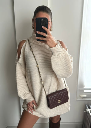 Millie Pearl Cold Shoulder Mini Jumper Dress - Beige