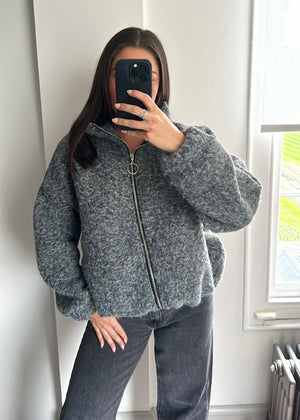 Zena Oversized Teddy Bomber Jacket - Grey
