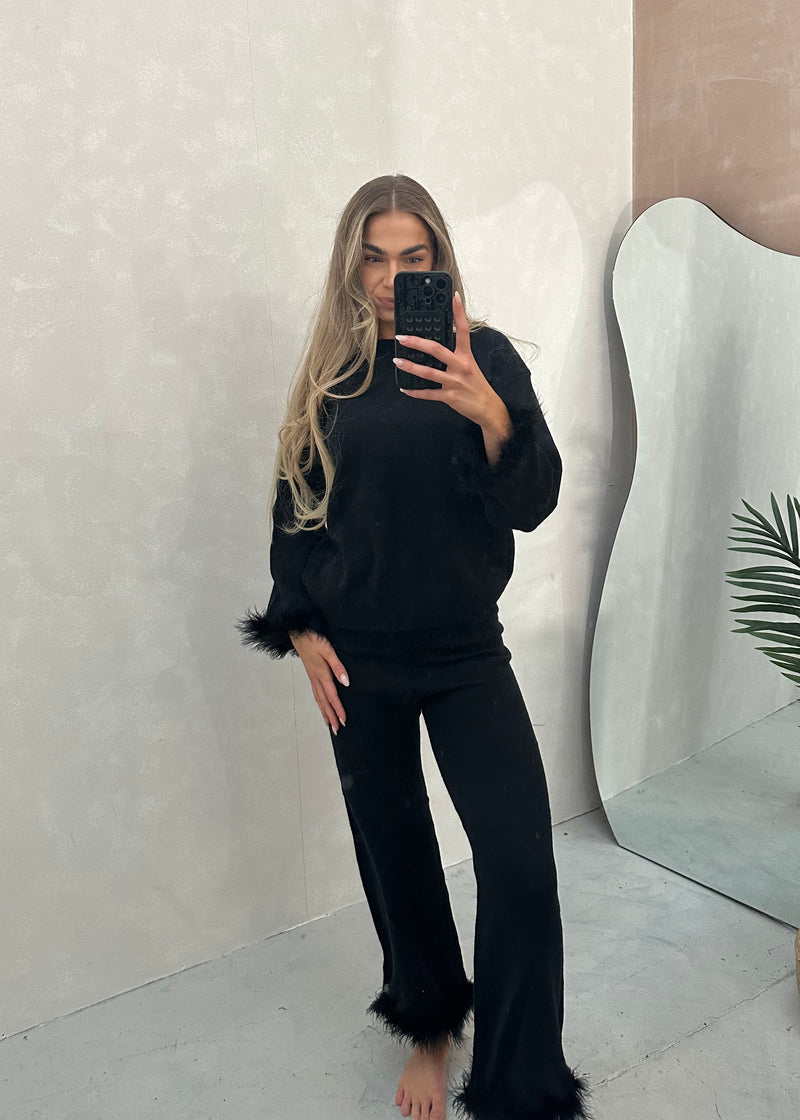 Lorna Premium Faux Fur Cuff Top & Trouser Set - Black
