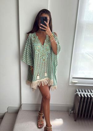 Alina Green Beaded Zigzag Crochet Kaftan