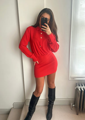 Alana Gold Button Mini Dress - Red