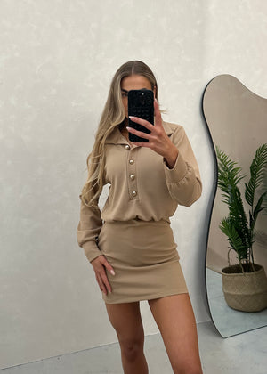 Alana Gold Button Mini Dress - Mocha