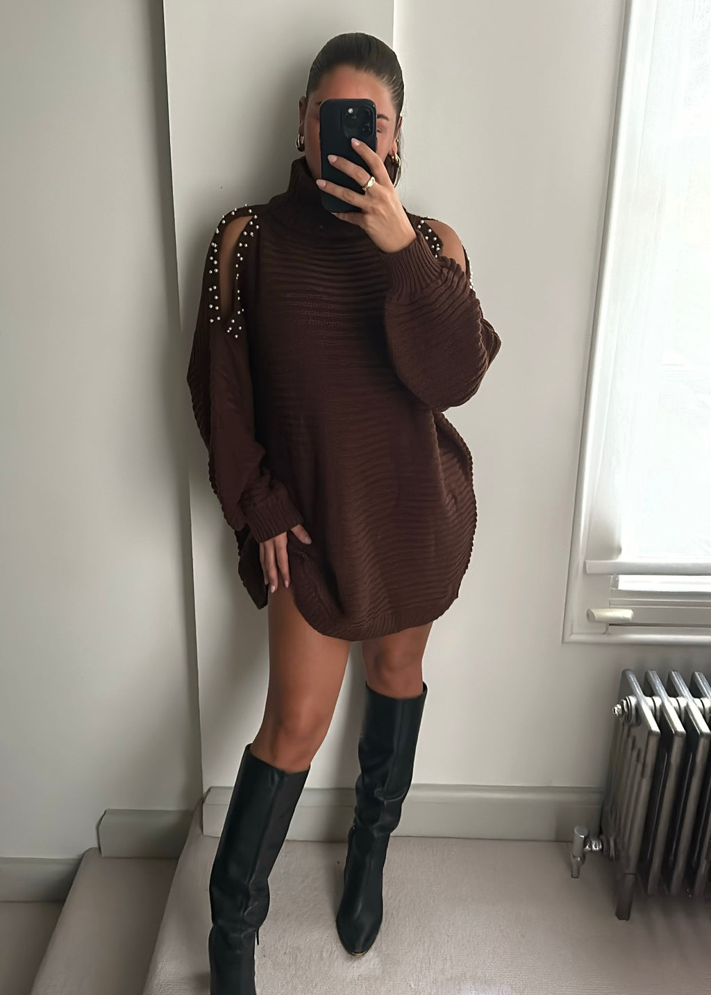 Millie Pearl Cold Shoulder Mini Jumper Dress - Brown