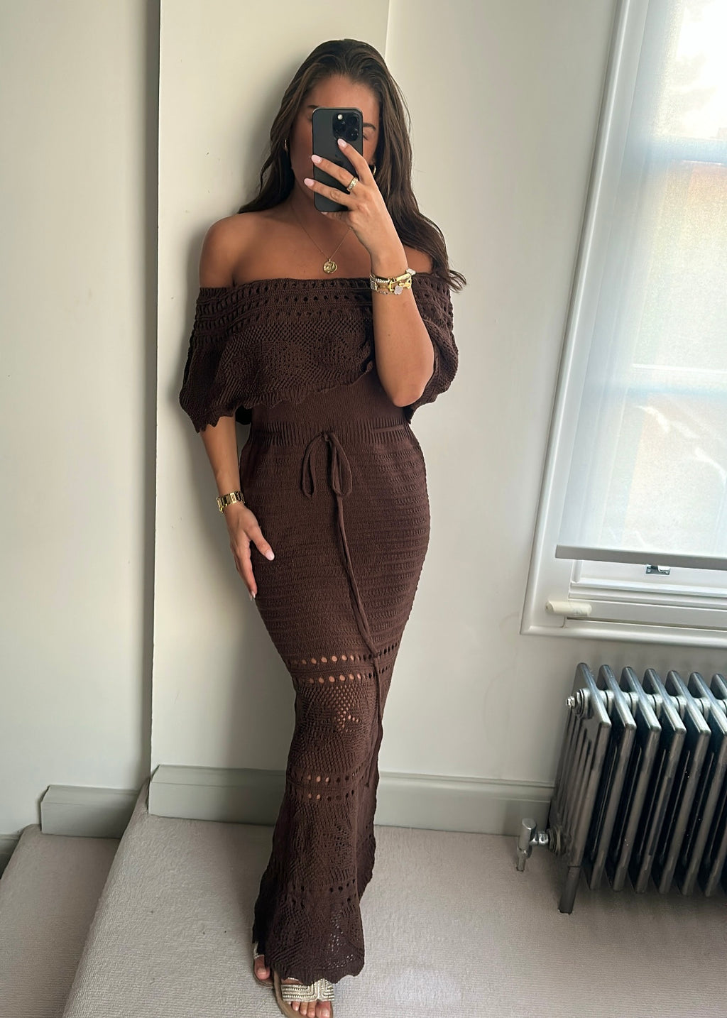 Fia Brown Crochet Maxi Dress