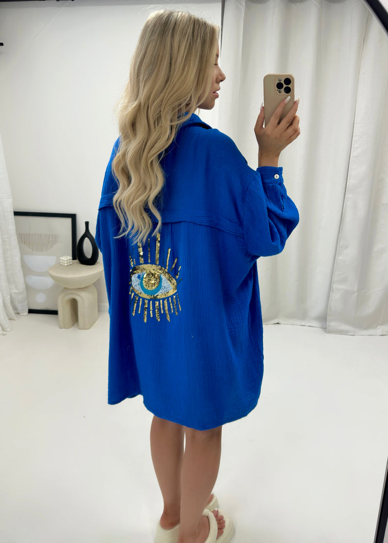 Ella Sequin Evil Eye Shirt - Blue