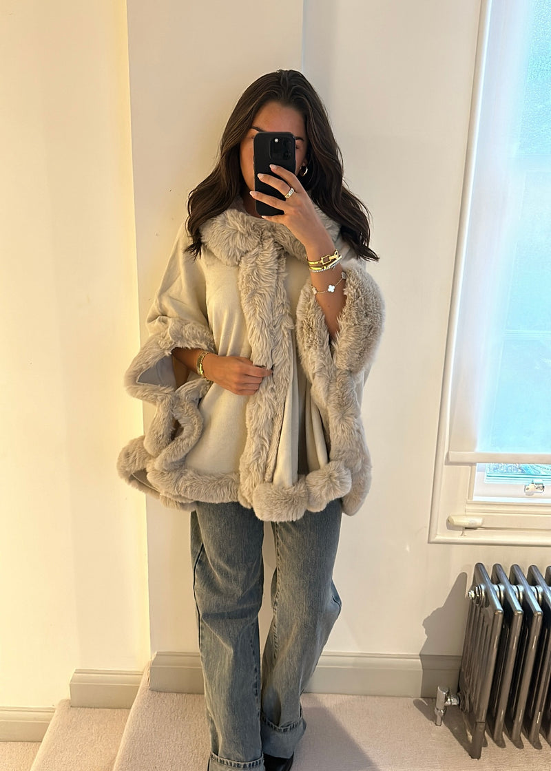 Isobel Luxe Faux Fur Cape - Stone