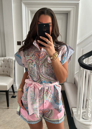 Zima Linen Premium Belted Playsuit - Pink