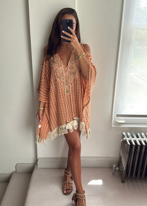 Alina Peach Beaded Zigzag Crochet Kaftan