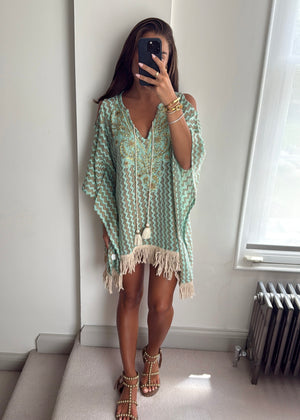 Alina Green Beaded Zigzag Crochet Kaftan