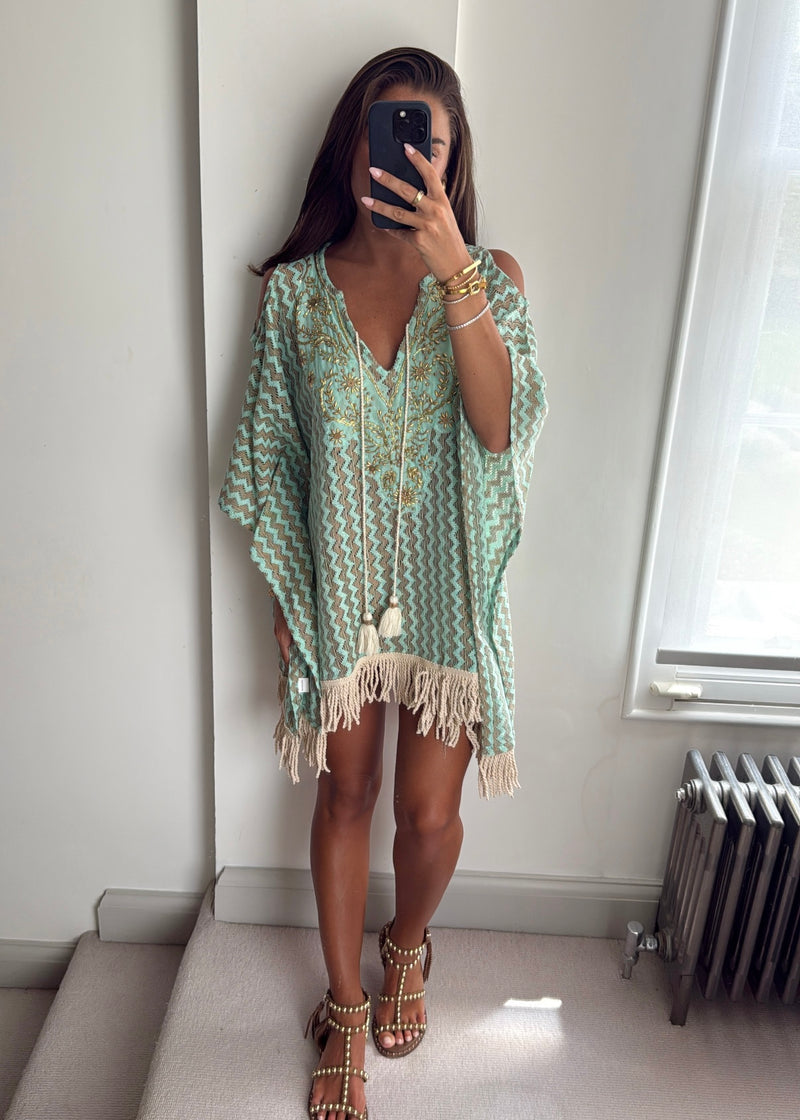 Alina Green Beaded Zigzag Crochet Kaftan
