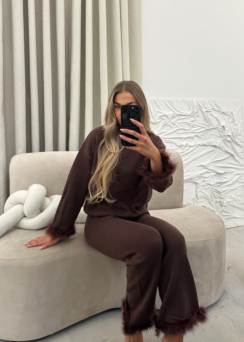 Lorna Premium Faux Fur Cuff Top & Trouser Set - Brown