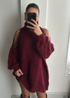 Millie Pearl Cold Shoulder Mini Jumper Dress - Burgundy