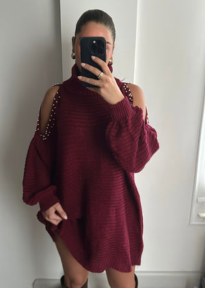 Millie Pearl Cold Shoulder Mini Jumper Dress - Burgundy
