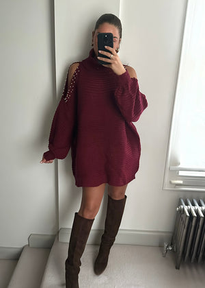 Millie Pearl Cold Shoulder Mini Jumper Dress - Burgundy