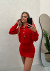Alana Gold Button Mini Dress - Red