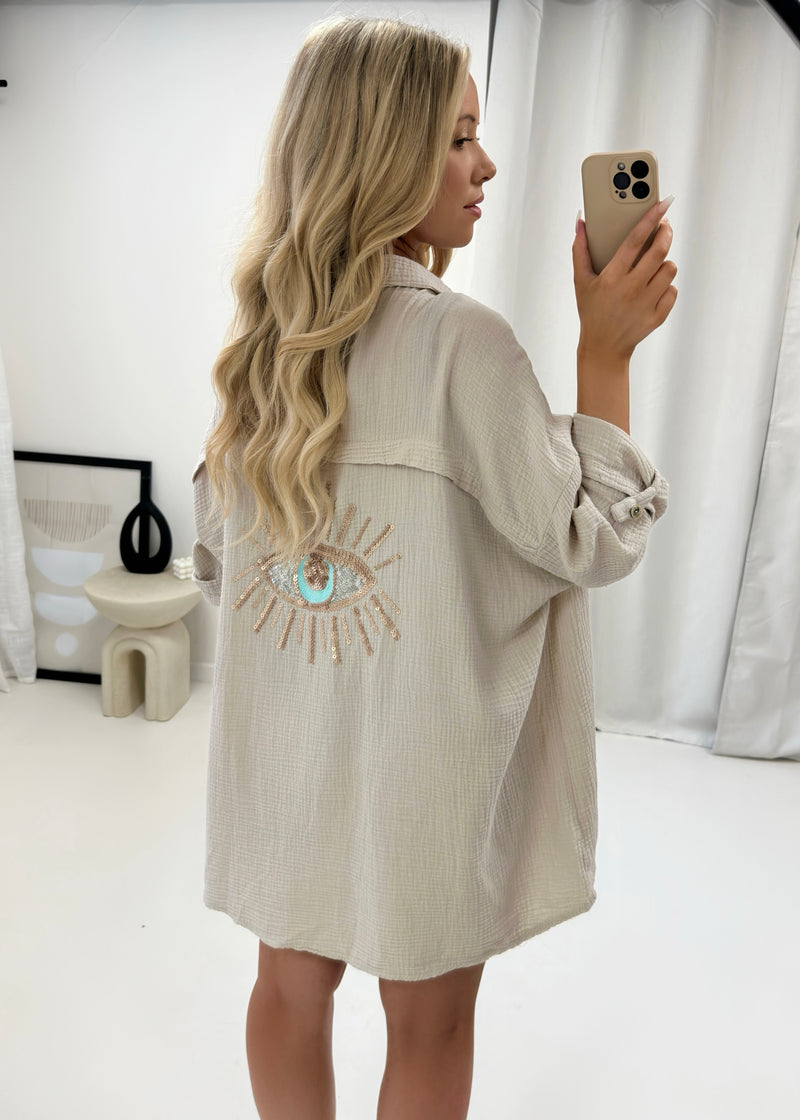 Ella Sequin Evil Eye Shirt - Beige