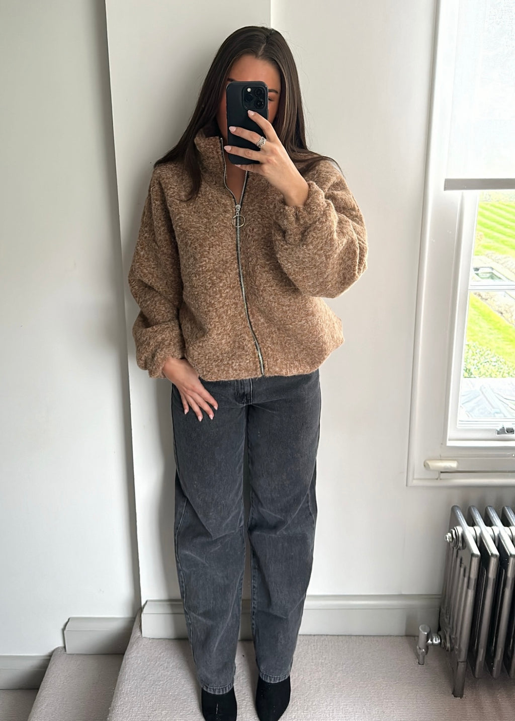 Zena Oversized Teddy Bomber Jacket - Mocha