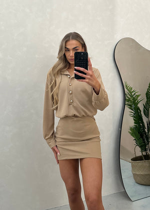 Alana Gold Button Mini Dress - Mocha
