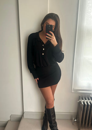 Alana Gold Button Mini Dress - Black