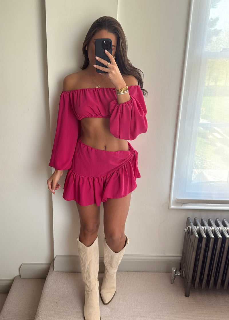 Pink Mini Skirt And Off Shoulder Top Ruched Mini Skirt And Off