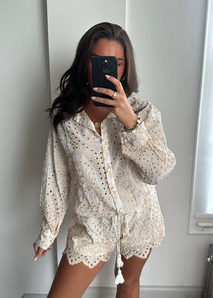 Lana Broderie Co-Ord Shorts Set - Beige