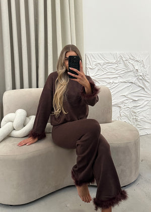 Lorna Premium Faux Fur Cuff Top & Trouser Set - Brown
