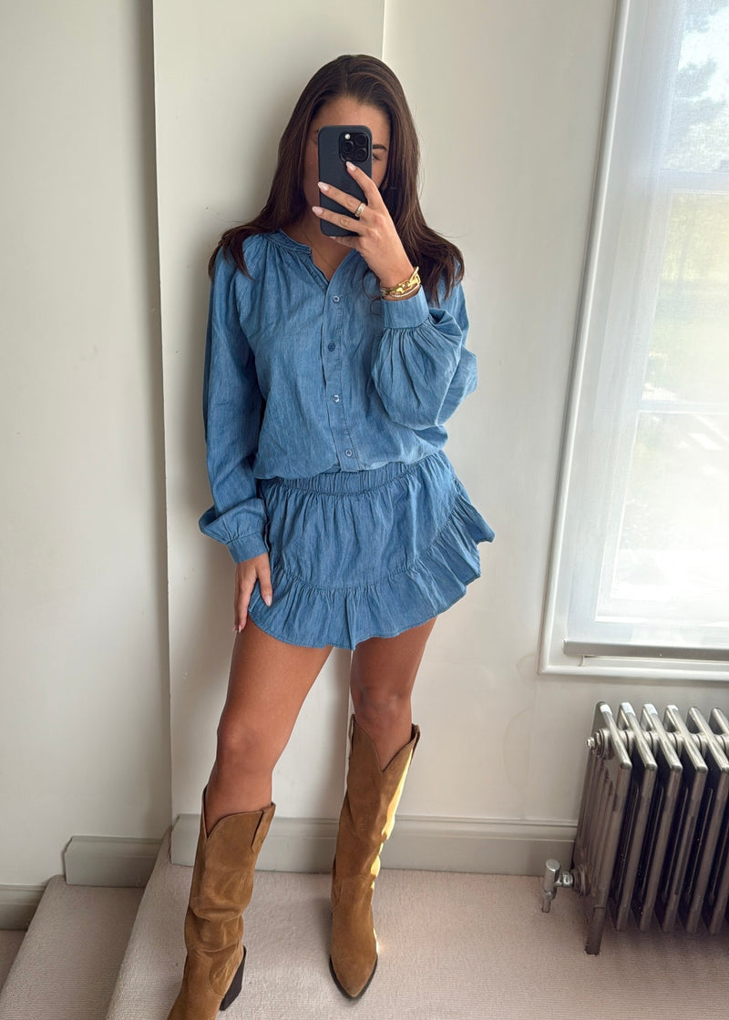 Leila Ruffle Co-Ord Set - Denim Blue