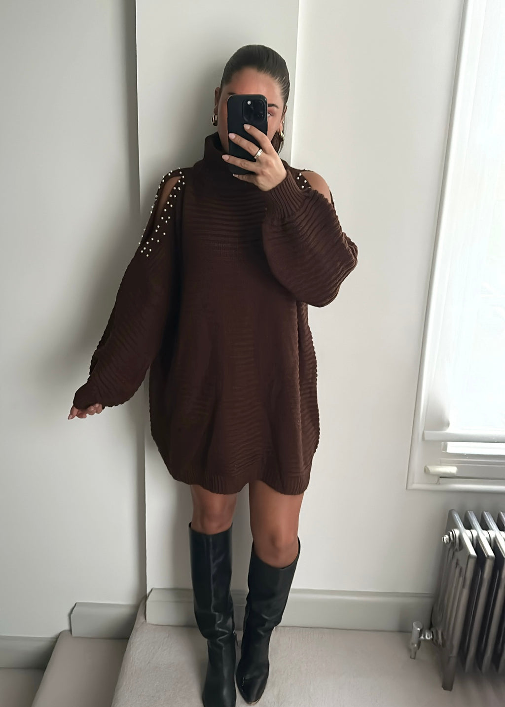 Millie Pearl Cold Shoulder Mini Jumper Dress - Brown
