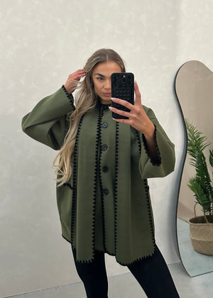 Tami Wool Look Jacket & Scarf Set - Khaki
