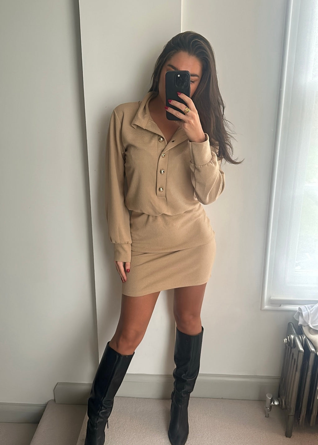 Alana Gold Button Mini Dress - Mocha