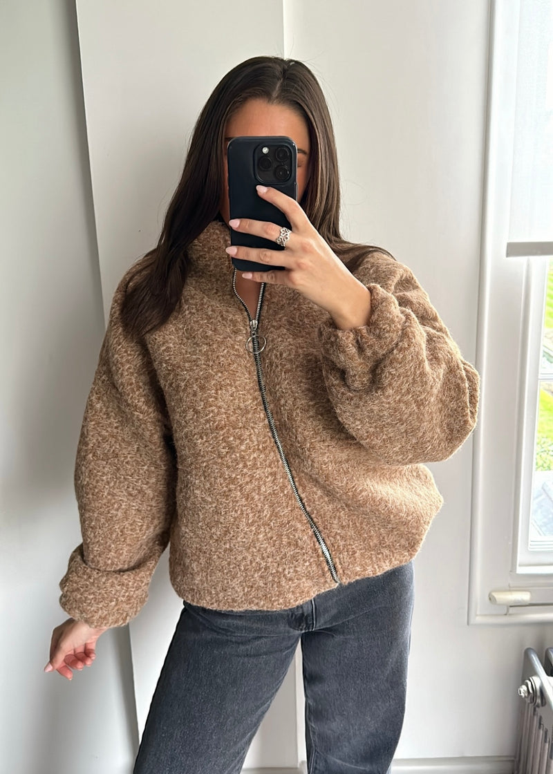 Zena Oversized Teddy Bomber Jacket - Mocha