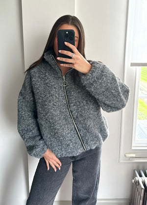 Zena Oversized Teddy Bomber Jacket - Grey