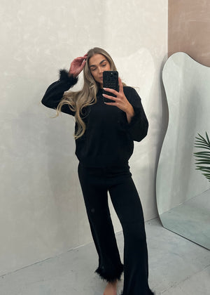 Lorna Premium Faux Fur Cuff Top & Trouser Set - Black